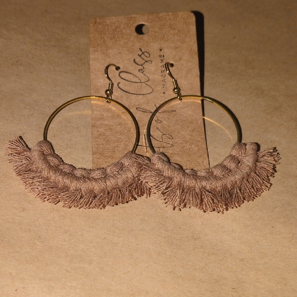 Tan Fringe Gold Hoop Earrings - Picture 1 of 1
